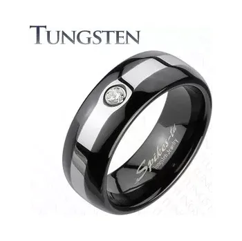 Prsten Wolframový černý prsten - stříbrný lem, zirkon - Velikost: 60