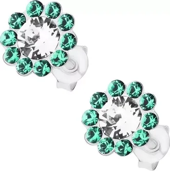 Náušnice Stříbrné 925 náušnice, květ z čirých a tmavě zelených krystalů Preciosa
