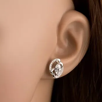 Náušnice Stříbrné náušnice 925, blyštivý ovál s výřezy, vlnovka, čiré zirkonové zrnko