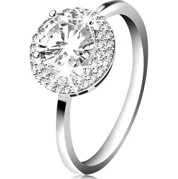 Prsten Rhodiovaný prsten, stříbro 925, kulatý zirkon čiré barvy, blýskavý lem - Velikost: 56