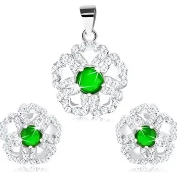 Souprava šperků Set ze stříbra 925 - přívěsek a náušnice, blýskavý květ se zeleným středem