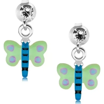 Náušnice Náušnice ze stříbra 925, zeleno-modrý motýl s fialovými tečkami, krystal