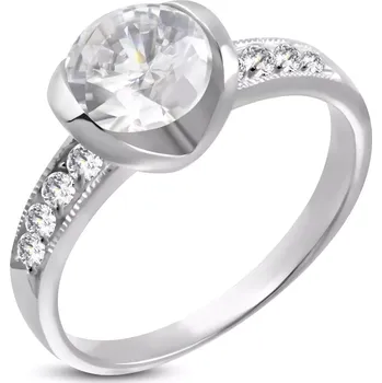 Prsten Zásnubní prsten z chirurgické oceli s velkým a osmi malými zirkony - Velikost: 58