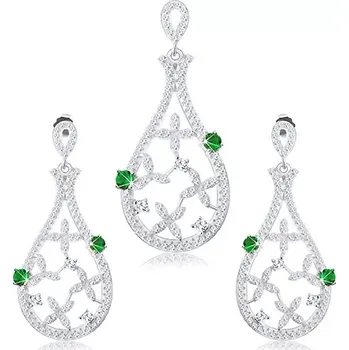 Souprava šperků Set přívěsku a náušnic, stříbro 925, kontura slzy, zelené zirkony, čiré květy