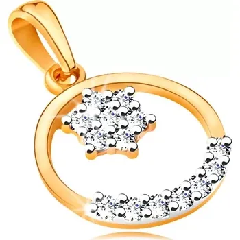 Přívěsek Zlatý 14K přívěsek - tenký kroužek, blýskavý kvítek a oblouk z čirých zirkonků