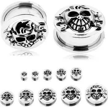 Piercing Tunel plug do ucha z oceli 316L, stříbrná barva, vypouklá patinovaná lebka - Tloušťka : 22 mm