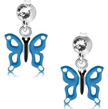 Náušnice Stříbrné náušnice 925, modrobílý motýlek s výřezy na křídlech, krystal
