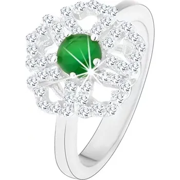 Prsten Prsten ze stříbra 925, blýskavý kvítek, čiré obrysy lupínků, zelený střed - Velikost: 57