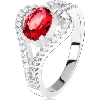 Prsten Prsten ze stříbra 925, oválný červený kámen, čirá kontura listu - Velikost: 49