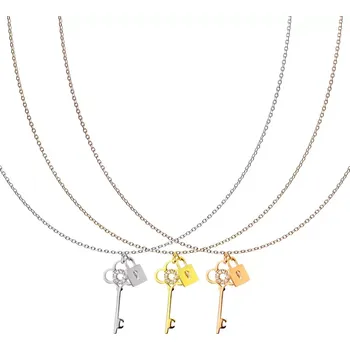 Náhrdelník Náhrdelník z oceli 316L - visací zámek s klíčem, čiré zirkony - Barva: Měděná