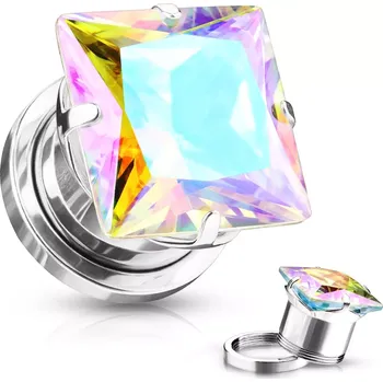 Piercing Plug do ucha z chirurgické oceli - čtvercový zirkon, duhové odlesky, PVD povrchová úprava - Tloušťka : 8 mm