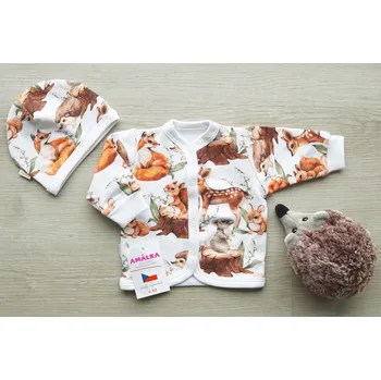 Kojenecká bunda AMÁLKA Propínací kojenecký kabátek s čepičkou, lesní zvířátka Velikost: 62