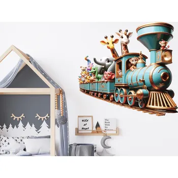 Samolepící dekorace Vláček se zvířátky z cirkusu samolepka na zeď arch 100 x 94 cm