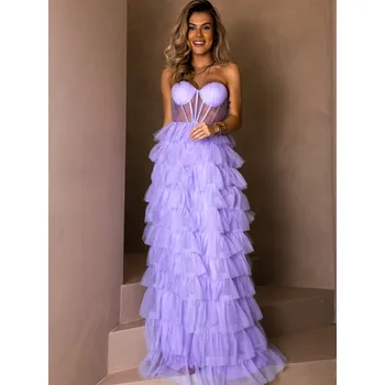 Dámské šaty Fialové tylové plesové šaty ARIADNA s volánky Velikost: L