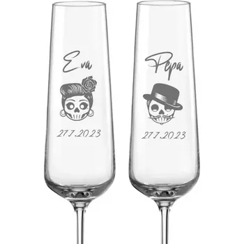 Sklenice Svatební skleničky na sekt Lebky se jmény a datem svatby, 2 ks (Do poznámky v nákupním košíku napište jména novomanželů a datum svatby)