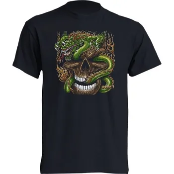 Pánské tričko panske-levne-bavlnene-tricko-potisk-drak-lebka Barva: Black -černá, velikost: L