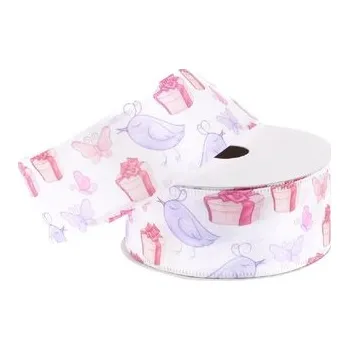 Stuha Stuha saténová 4 cm/5 m - potisk ptáčků