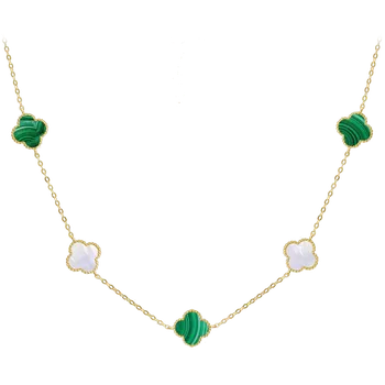 Náhrdelník MINET Pozlacený stříbrný náhrdelník ČTYŘLÍSTKY s bílou perletí a malachitem Ag 925/1000 12,45g