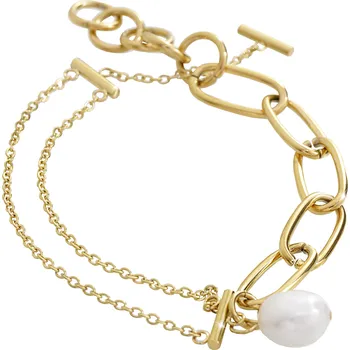Náramek JSB bijoux s.r.o. Zlatý ocelový náramek jeden řetěz a dva řetízky doplněný o perlu White