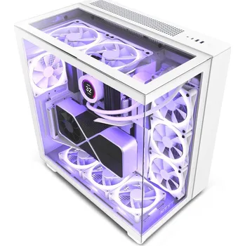 PC skříň NZXT H9 Elite bílá Skříň, Middle tower, bez zdroje, ATX, 1× USB-C, 2× USB 3.0, 4× 120mm (3× RGB), průhledná bočnice a přední panel, bílá CM-H91EW-01