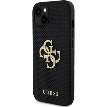 Pouzdro na mobilní telefon Guess PU Perforated 4G Glitter Metal Logo Zadní Kryt pro iPhone 15 Černý Ochranný kryt je kombinací PU kůže s jemnou perforací, která nejen perfektně chrání Váš telefon, ale také zdůrazňuje jeho desi