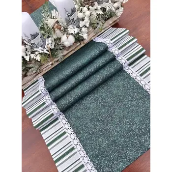 ubrus Běhoun vánoční - stříbrný prach na zelené v kombinaci s pruhy 42 x 132 cm