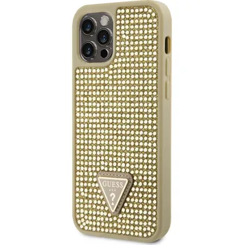 Telefonní příslušenství Guess Rhinestones Triangle Metal Logo Kryt pro iPhone 12/12 Pro zlatý Guess Rhinestones Triangle Metal Logo ochranný kryt telefonu v kombinaci zadní strany pokryté drobnými kamínky a pružnými PU boky