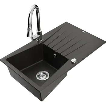 Granitový dřez MEXEN/S - Cesar granitový dřez 1 s odkapávačem včetně baterie Elia, černá/zlatá metalik 6514-75-670101-00