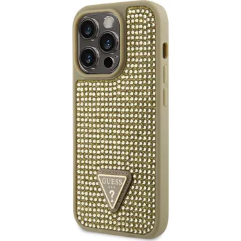 Telefonní příslušenství Guess Rhinestones Triangle Metal Logo Kryt pro iPhone 14 Pro zlatý Guess Rhinestones Triangle Metal Logo ochranný kryt telefonu v kombinaci zadní strany pokryté drobnými kamínky a pružnými PU boky.