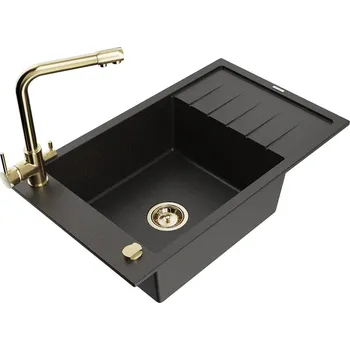 Granitový dřez MEXEN/S - Elias granitový dřez 1-miska včetně baterie Duero, černá/zlatá metalik 6511-75-671600-50