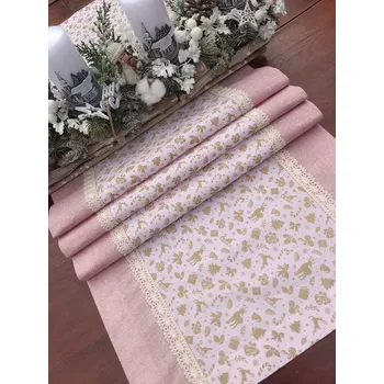 ubrus Běhoun vánoční - béžové vánoční vzory na růžové