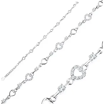 Náramek Nastavitelný náramek ze stříbra 925, kontury srdíček, čiré zirkony