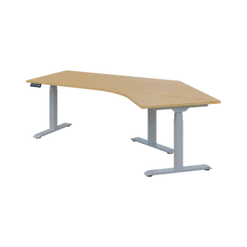 Psací stůl FLEXIERGO 120 160-110 výškově nastavitelný stůl, rohový, levý, kovová podnož stříbrná, deska 25 mm, široký 2380 mm, javor horský
