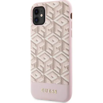Telefonní příslušenství Guess PU G Cube MagSafe Zadní Kryt pro iPhone 11 růžový Guess PU G Cube Magnetic prémiový ochranný kryt telefonu v kombinaci zadní strany s potažená látkou s motivem Guess, pružnými PU boky a vestavě