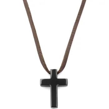 Náhrdelník Kožený náhrdelník Černý kříž The Son - Lucleon