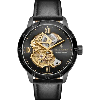 Hodinky Dante II | Skeletové hodinky z nerezové oceli zlaté barvy s koženým řemínkem - Seizmont