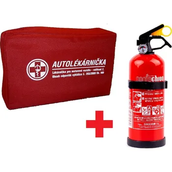 Autolékárnička Autolékárnička + práškový hasící přístroj ABC s manometrem a držákem, 1 kg