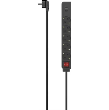Prodlužovací kabel Hama prodlužovací přívod s vypínačem, 5x zásuvka schuko, 2x USB-A, 1,4 m, černý