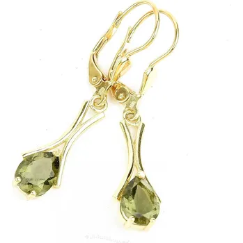 Náušnice Náušnice s vltavínem slza brus standard zlato Au 585/1000 14K 2,96g