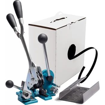 Obalový materiál UNIPACK Páskovací set GAMA - standardní sada Sada: Páskovačka H42.12, plechové spony 12 mm, PP páska v kartonu 12x0.63 mm. Pevnost pásky v tahu je 190 kg.