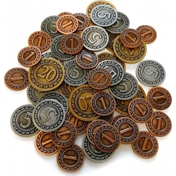 Příslušenství k deskovým hrám TLAMA games Sada univerzálních kovových mincí (50 ks) (metal coins set, 25x 1, 15x 5 a 10x 20) - osobní odběr v Olomouci