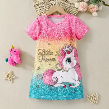 Dívčí šaty Unicorn (Jednorožci) Dívčí letní šaty Jednorožec efekt třpytky a duha (4-7 let) Velikost: 5T (4-5 let)