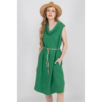 Dámské šaty H&D HOME DESIGN H&D dámské lněné šaty s páskem zelené Velikost: 42