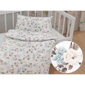 Povlečení Dětské bavlněné povlečení do postýlky Sandra SA-451 Žluto-hnědo-mintové růže na bílém Do postýlky 90x120 a 40x60 cm