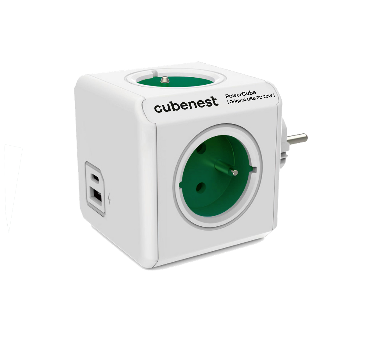 PowerCube Rozbočovací zásuvka s USB, 4× zásuvka + 1× USB-A, 1× USB-C, zelená PWC-ZUSB-PD20-GN