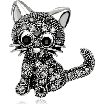 Brož Amparo Miranda® Brož Kočička s krystaly K71061, Barva Stříbrná