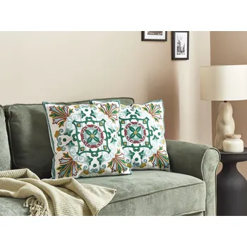 Povlečení Sada 2 bavlněných vyšívaných polštářů s orientálním vzorem 45 x 45 cm zelená do obývacího pokoje Beliani