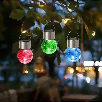 Stojací lampa lampa solární KOULE pr.6cm, v.9cm, 1LED, závěsná, čirá; nerez/sklo/PH