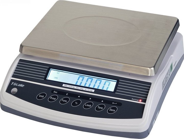Stolní váha TSCALE QHW, 15;30kg/5;10g, 300x230mm (Stolní váha s operátorským displejem a dobíjecím akumulátorem pro kuchyně, výrobny a sklady, vybavena režim počítání kusů, procentuálním vážením, limitním vážením, ověřená - cejchovaná)