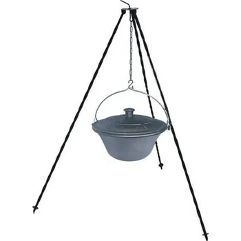Outdoor vaření Souprava trojnožka 1,25 m kotlík litinový s poklicí&nbsp;7 litrů (trojnožka 1,25 m a gulášový litinový kotlík se zdobenou litinovou poklicí 7 l vaření na ohni)